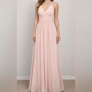 Meghan Pink Crossover Waist Detail Criss Cross Strap Back Long Chiffon Dress MED